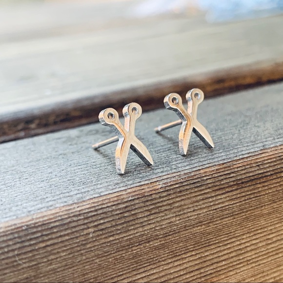 SCISSORS SILVER  Hair Stylist Minimalist Steel Stud Earrings - Picture 5 of 6